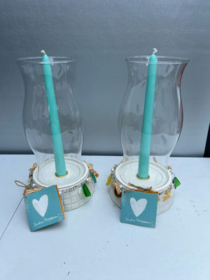 Pair of coastal candle holders with teal candles - Image 1 of 6