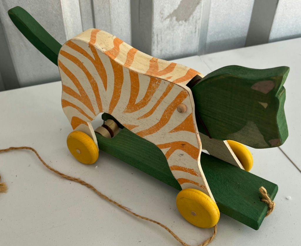 Wooden Zebra-Striped Pull Toy on Green Wheels - image 3 of 3
