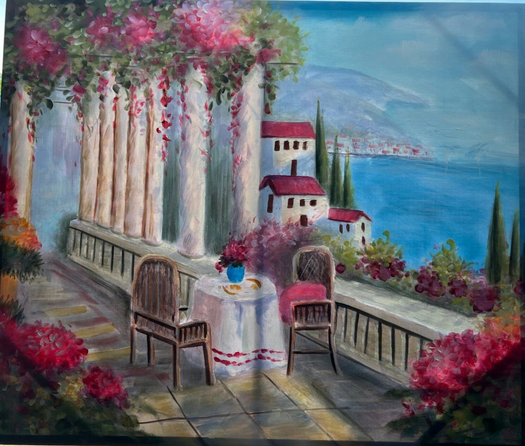 Two Chairs and Round Table on a Columned Terrace 35-1/2" x 30" - image 1 of 4