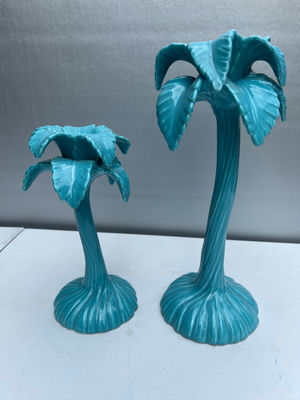 Pair of turquoise ceramic palm tree sculpture candle holders - Image 1 of 4