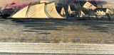 Hand-painted wooden panel of a harbor town with sailboats 30" x 6" - thumbnail 5 of 6