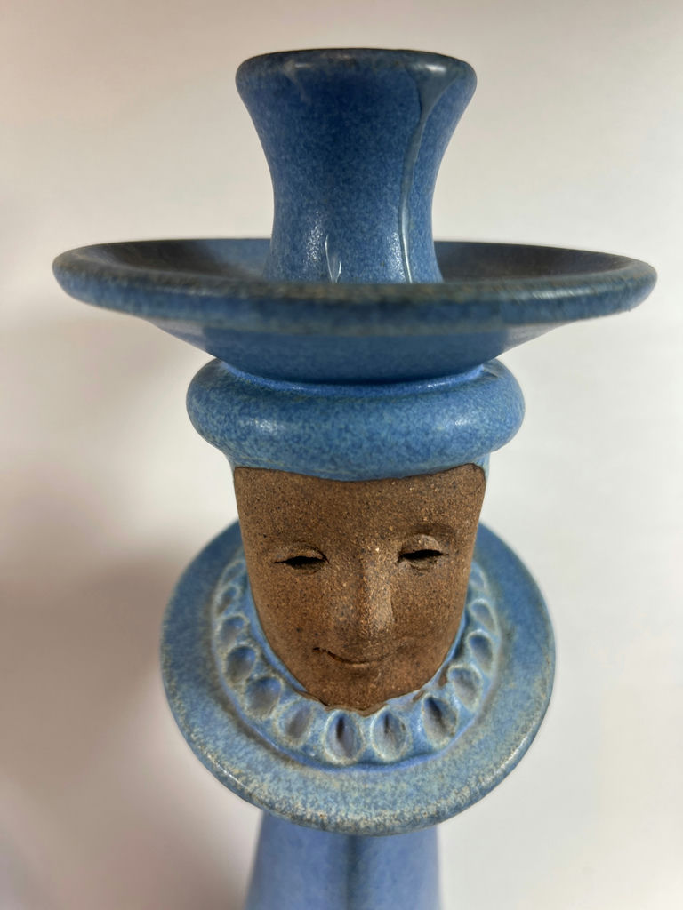 NORTH EAGLE POTTERY - Pair of blue ceramic candle holders with face motifs - image 3 of 5