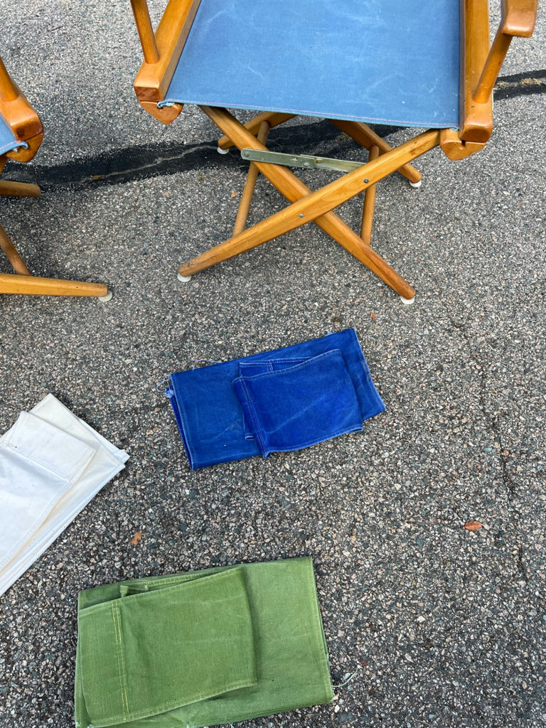Pair of folding director's chairs with blue fabric and three additional cloth seat sets - image 5 of 6