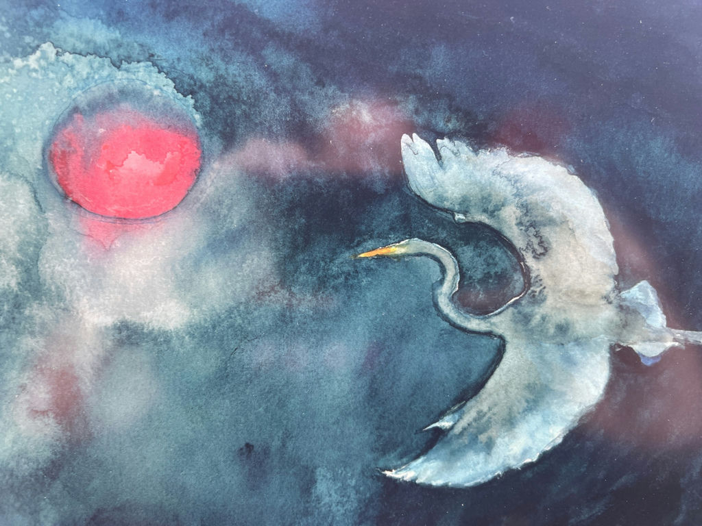 ARTIST SIGNED Framed night-sky bird painting with red sun 23" X 17" - image 3 of 4