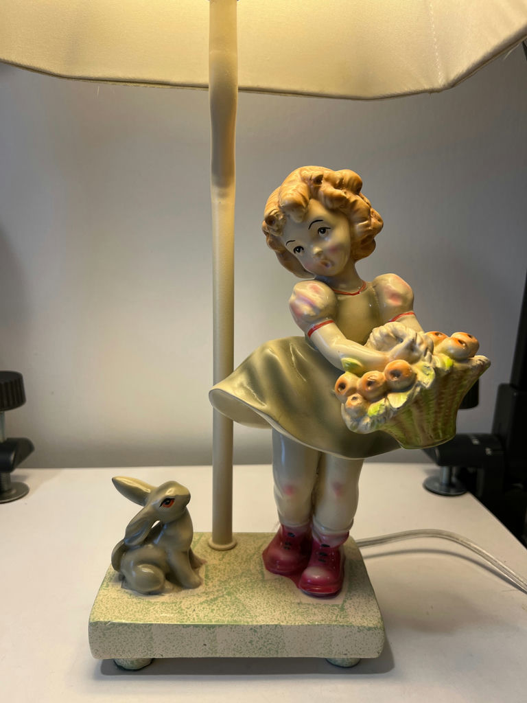 Italian porcelain table lamp with girl figurine and rabbit - image 2 of 5