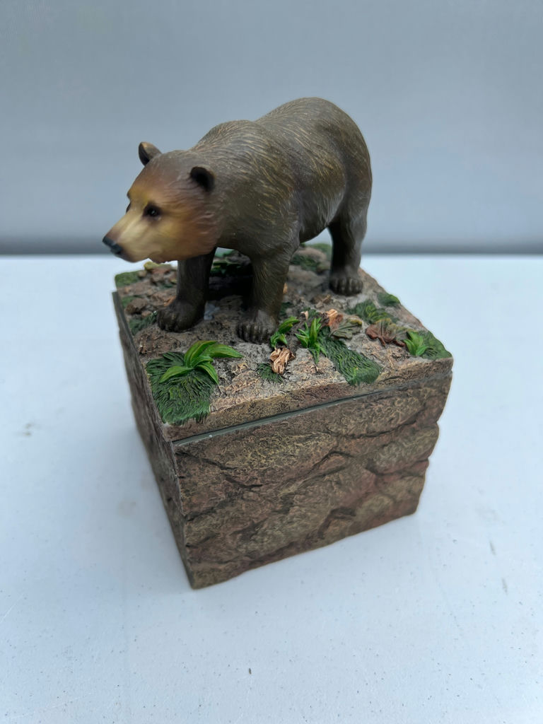 Bear figurine on rocky base with hollow square stone trinket box - image 1 of 4