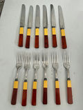 Two-tone yellow and brown handled cutlery set (knives and forks) - thumbnail 1 of 4