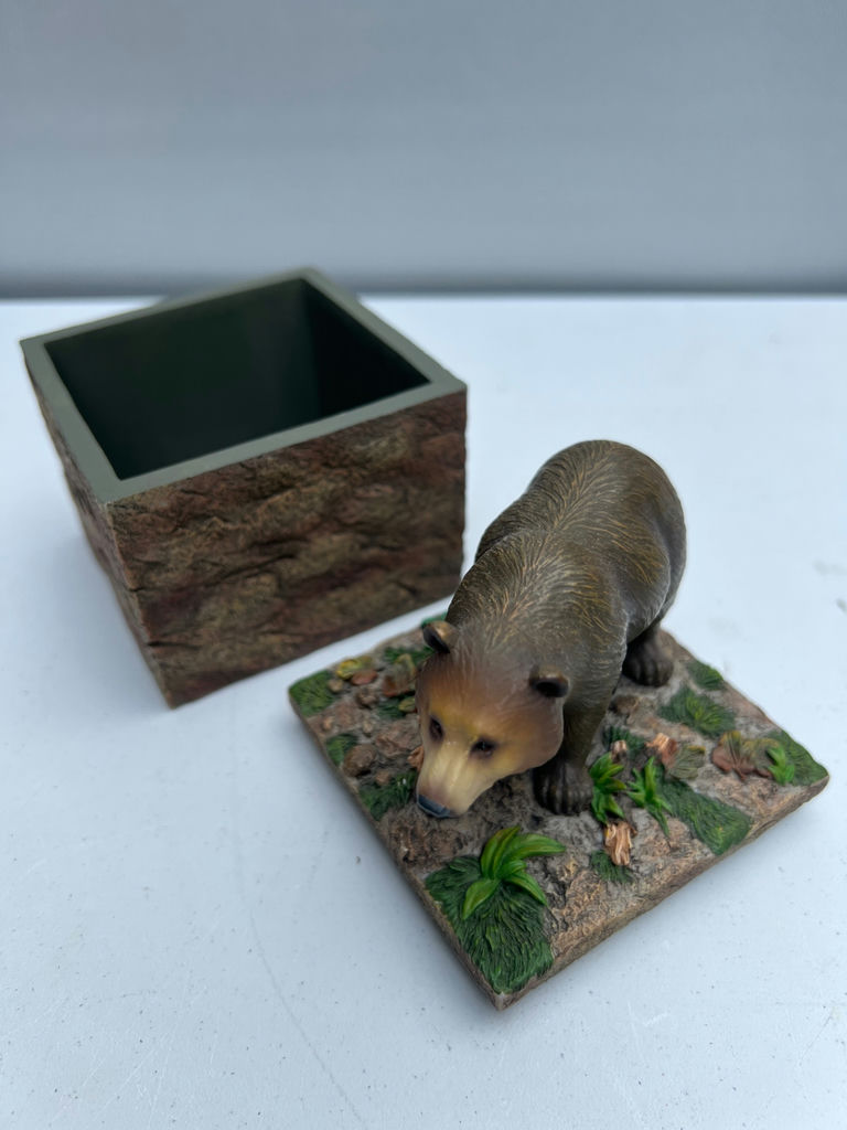 Bear figurine on rocky base with hollow square stone trinket box - image 3 of 4