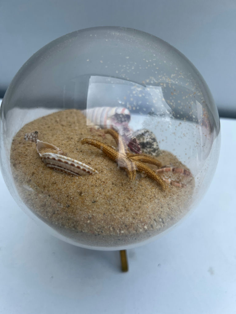 Glass globe sand display with seashells and starfish on brass stand - image 3 of 4