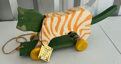 Wooden Zebra-Striped Pull Toy on Green Wheels - Image 1 of 3