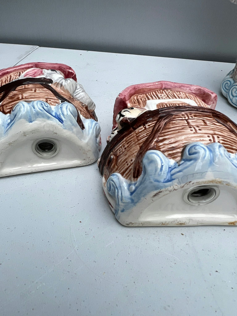 Three ceramic figurines: salt and pepper shakers pink-roofed houses and a brick-tower scene - image 4 of 5