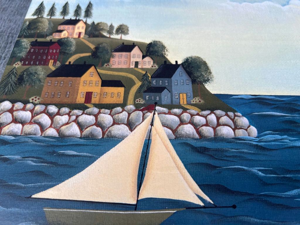 ARTIST SIGNED ON BACK - Coastal Village with Lighthouse and Sailboats 17" x 11" - image 2 of 5