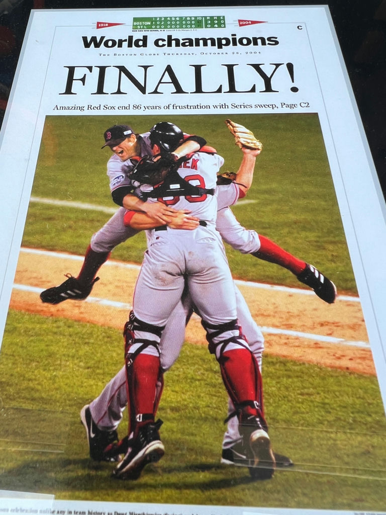 Framed Boston Globe front pages commemorating the 2004 Red Sox World Series victory 16" x 8" - image 4 of 5