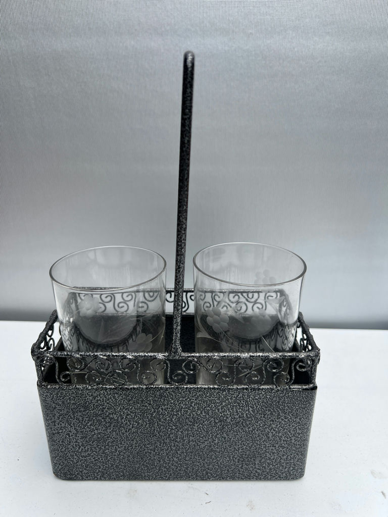 Etched floral glass tumblers in a decorative metal caddy - image 1 of 4