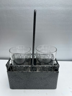 Etched floral glass tumblers in a decorative metal caddy - Image 1 of 4