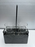 Etched floral glass tumblers in a decorative metal caddy - thumbnail 1 of 4