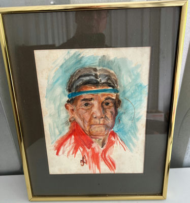 Framed Apache Grandfather oil portrait 14" x 10" - Image 1 of 3