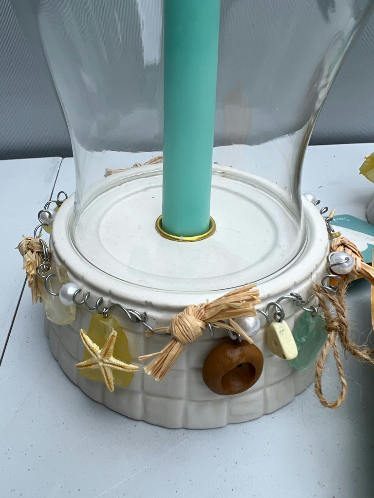 Pair of coastal candle holders with teal candles - image 5 of 6