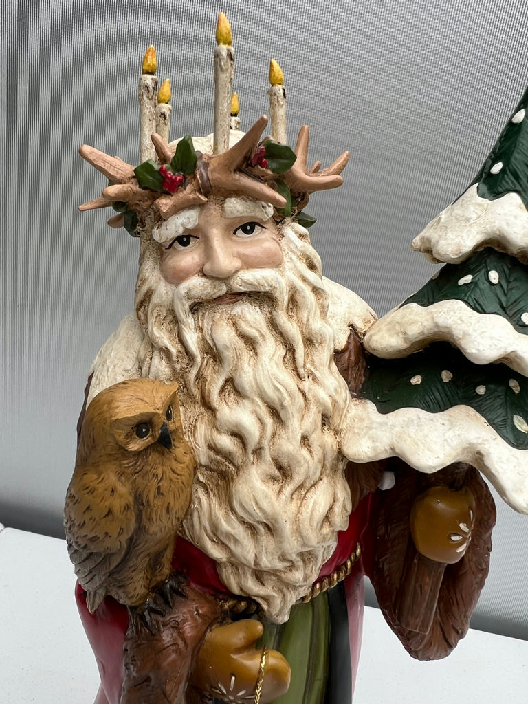 Santa Claus statue with candle wreath, owl, and snow-covered tree - image 2 of 4