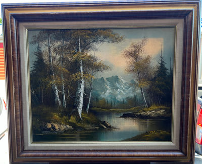 Landscape with Birch Trees and Mountains (signed Wallace) 27" x 23" - Image 1 of 3