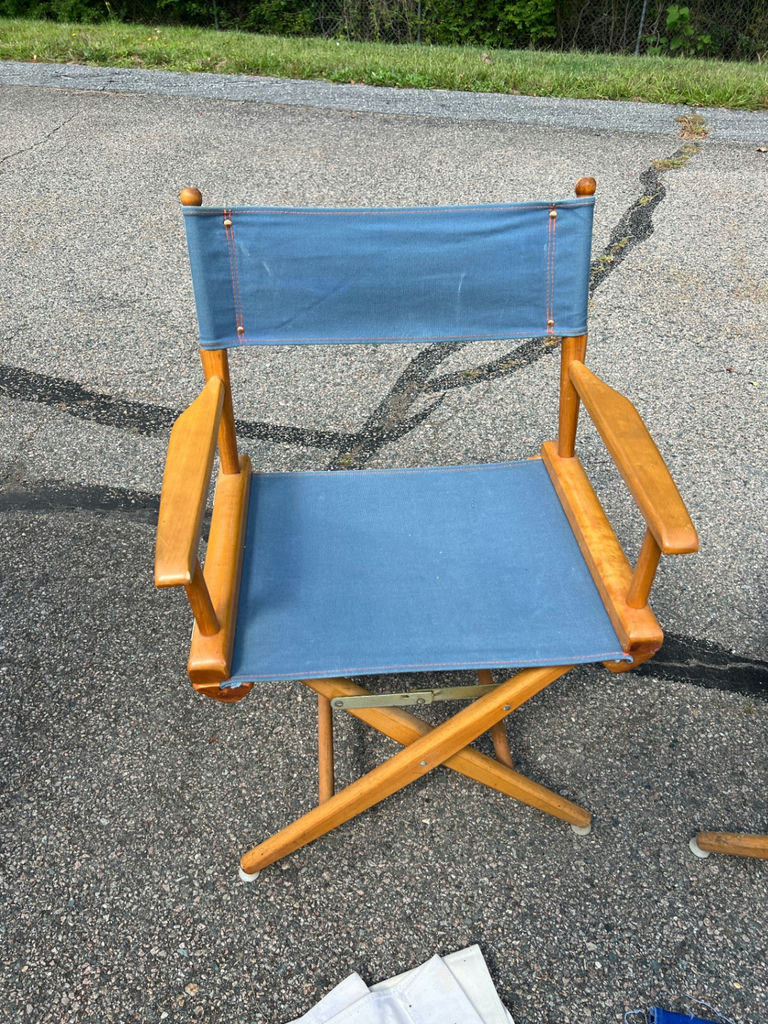 Pair of folding director's chairs with blue fabric and three additional cloth seat sets - image 2 of 6