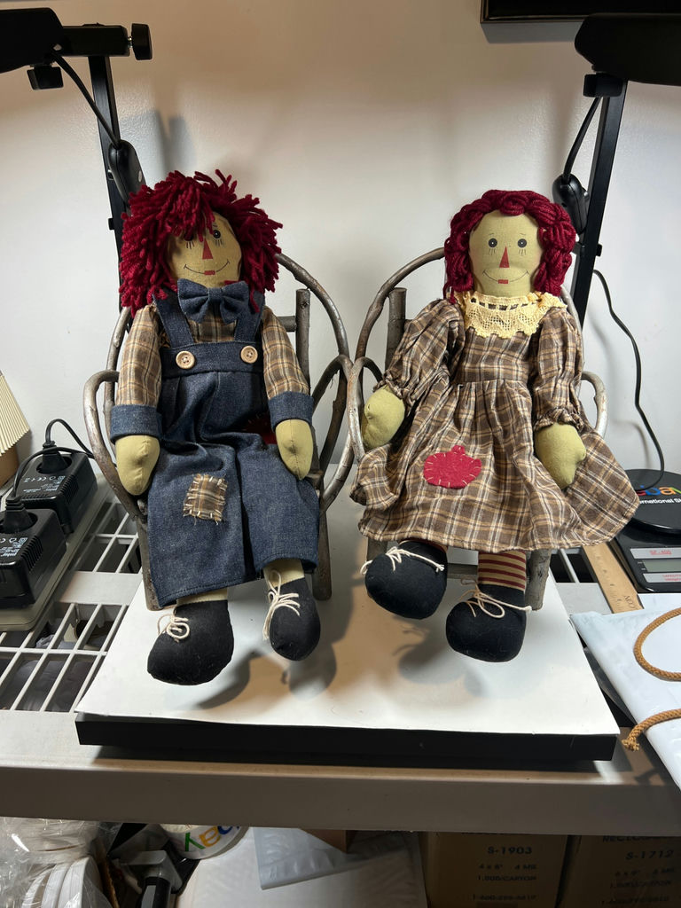 Raggedy Ann an Andy dolls with miniature wood chairs - image 1 of 5