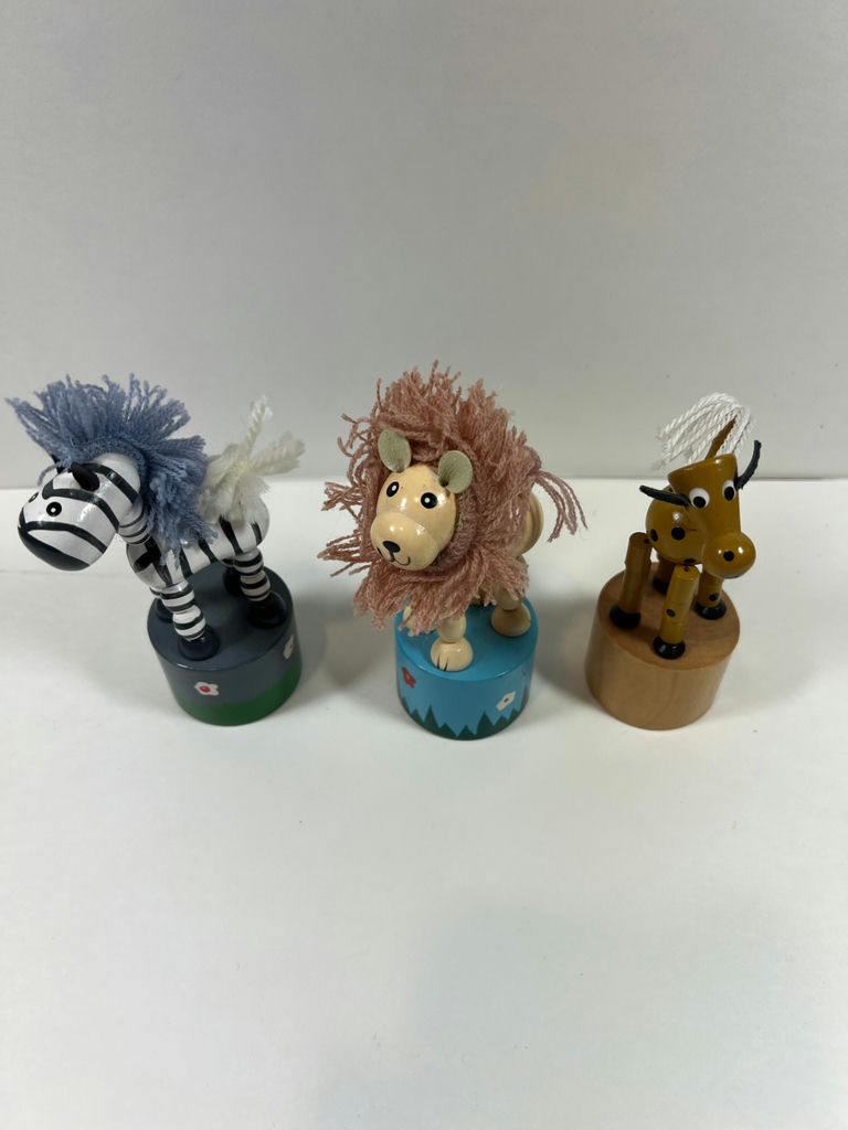 Three wooden FINGER PUPPETS animal figurines (zebra, lion, and dog) on painted bases - image 1 of 5
