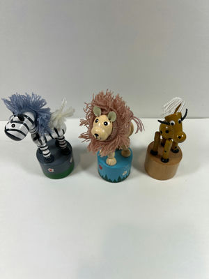 Three wooden FINGER PUPPETS animal figurines (zebra, lion, and dog) on painted bases - Image 1 of 5