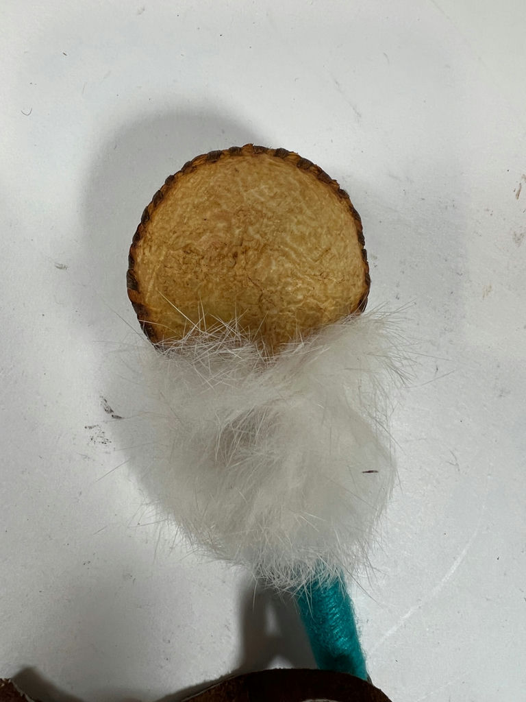 Navajo Style Handmade toy with round wooden disk, fur tuft, turquoise shaft, and leather fringe - image 2 of 4