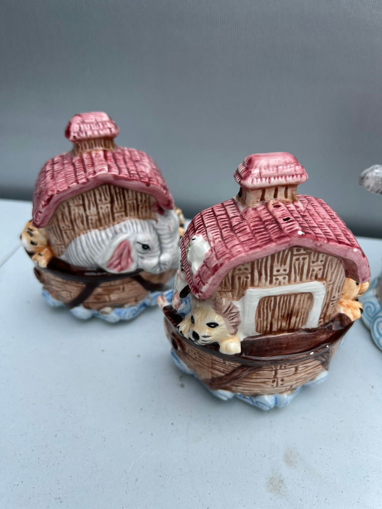 Three ceramic figurines: salt and pepper shakers pink-roofed houses and a brick-tower scene - image 3 of 5