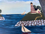 ARTIST SIGNED ON BACK - Coastal Village with Lighthouse and Sailboats 17" x 11" - thumbnail 4 of 5