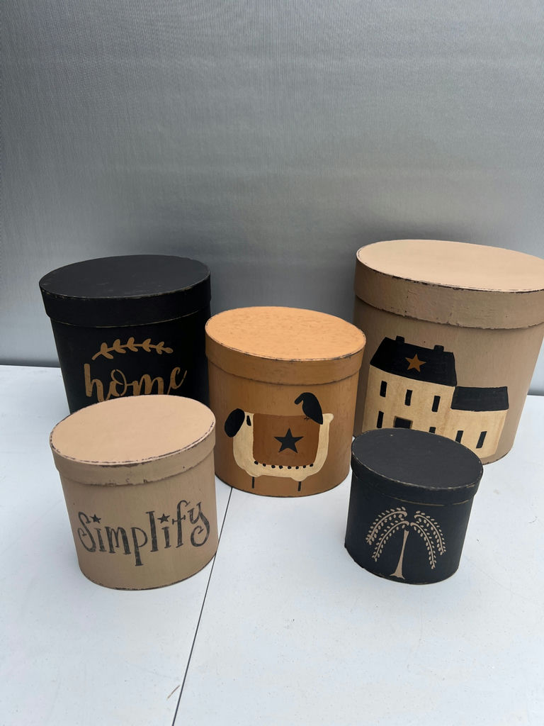 Decorative NESTING round storage boxes with home-themed artwork - image 1 of 7