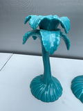 Pair of turquoise ceramic palm tree sculpture candle holders - thumbnail 2 of 4