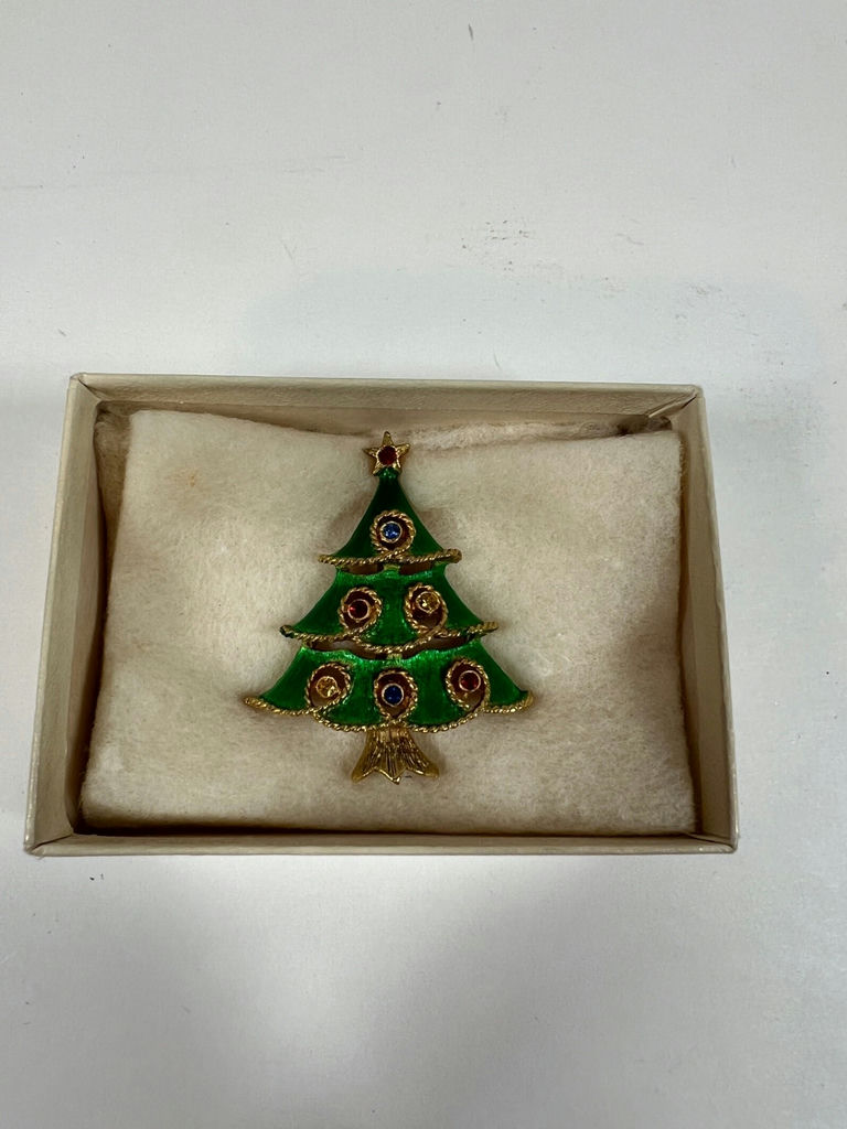 Green enamel Christmas tree brooch in Denholm & McKay jewelry box - image 6 of 6