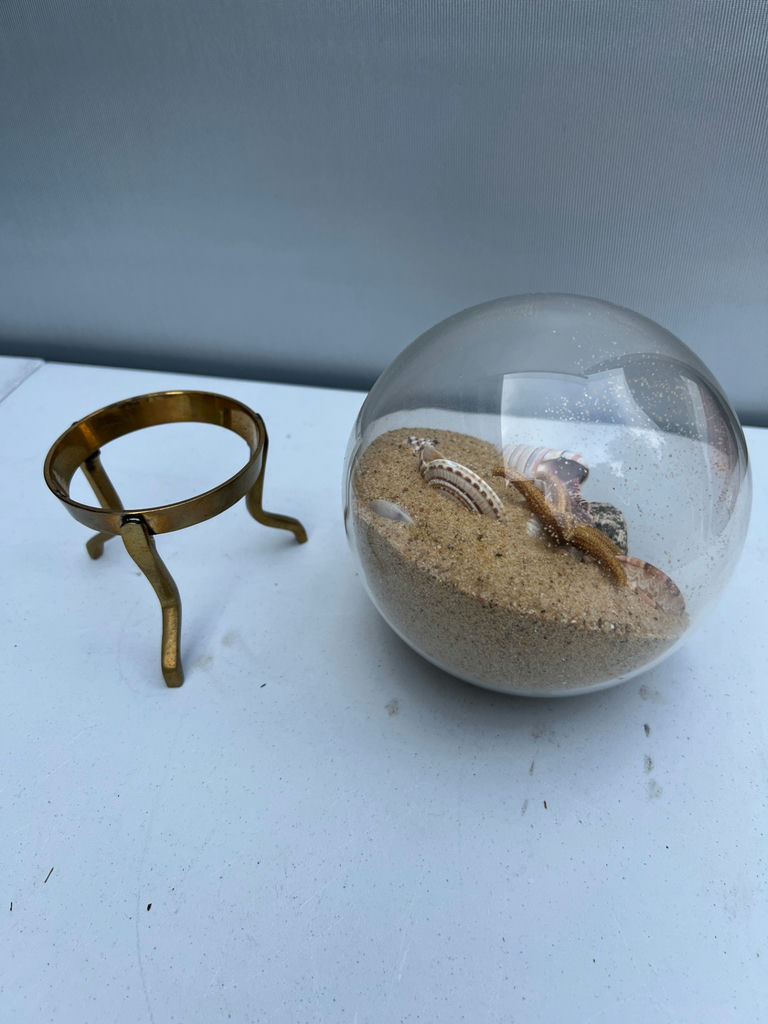Glass globe sand display with seashells and starfish on brass stand - image 4 of 4