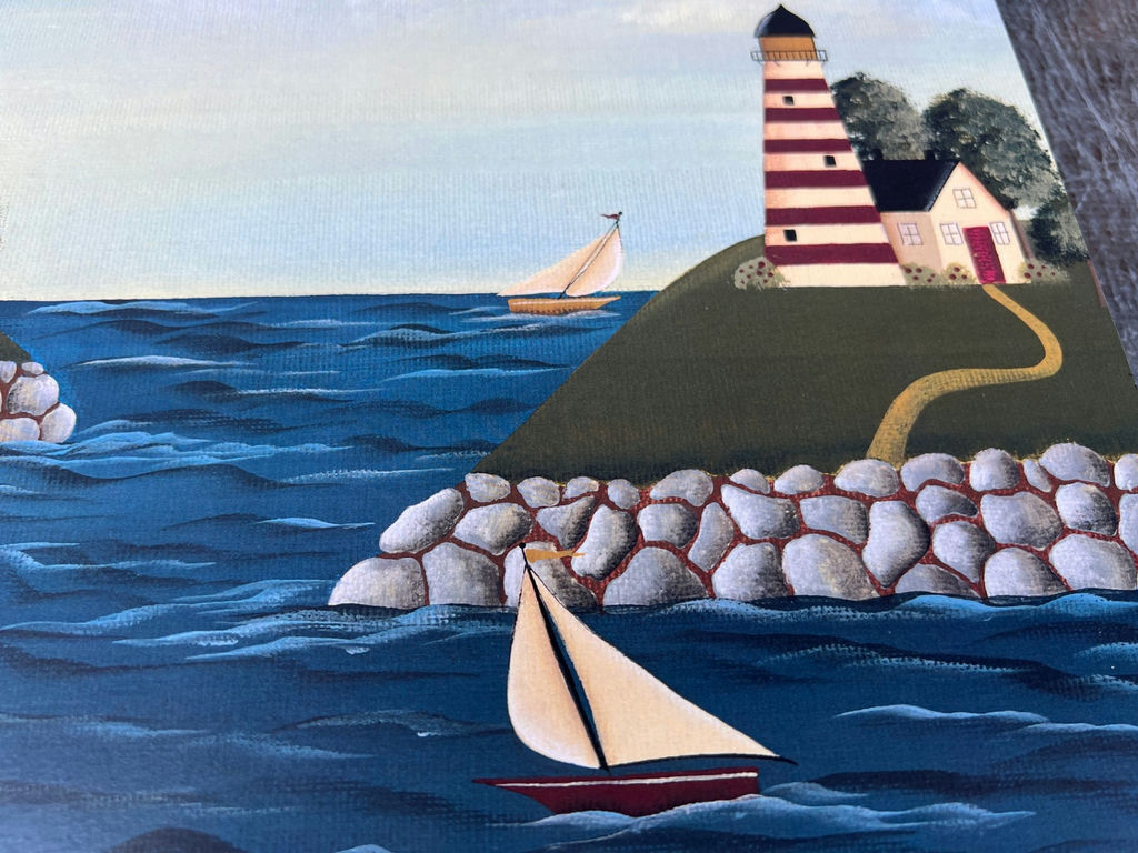 ARTIST SIGNED ON BACK - Coastal Village with Lighthouse and Sailboats 17" x 11" - image 3 of 5