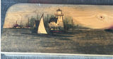 Hand-painted wooden panel of a harbor town with sailboats 30" x 6" - thumbnail 2 of 6