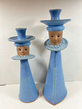 NORTH EAGLE POTTERY - Pair of blue ceramic candle holders with face motifs - thumbnail 1 of 5