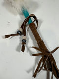 Navajo Style Handmade toy with round wooden disk, fur tuft, turquoise shaft, and leather fringe - thumbnail 3 of 4