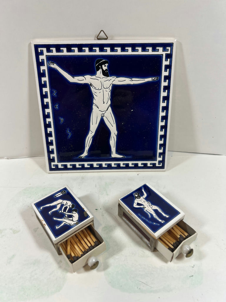 Blue Ceramic Tile and Two Matching Blue-Artwork Matchboxes - image 1 of 4