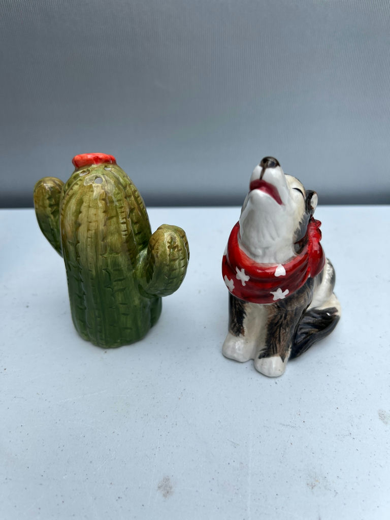 Assorted salt and pepper shakers: Cap'n Pepper and Old Salty sailors, cactus, dog, and white horses - image 3 of 4