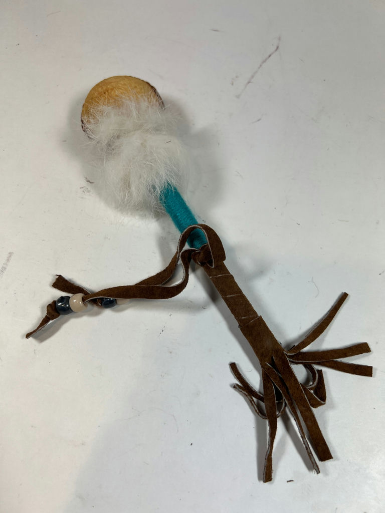 Navajo Style Handmade toy with round wooden disk, fur tuft, turquoise shaft, and leather fringe - image 1 of 4