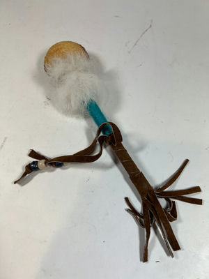 Navajo Style Handmade toy with round wooden disk, fur tuft, turquoise shaft, and leather fringe - Image 1 of 4