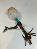 Navajo Style Handmade toy with round wooden disk, fur tuft, turquoise shaft, and leather fringe - thumbnail 1 of 4