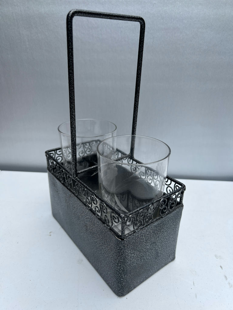 Etched floral glass tumblers in a decorative metal caddy - image 2 of 4