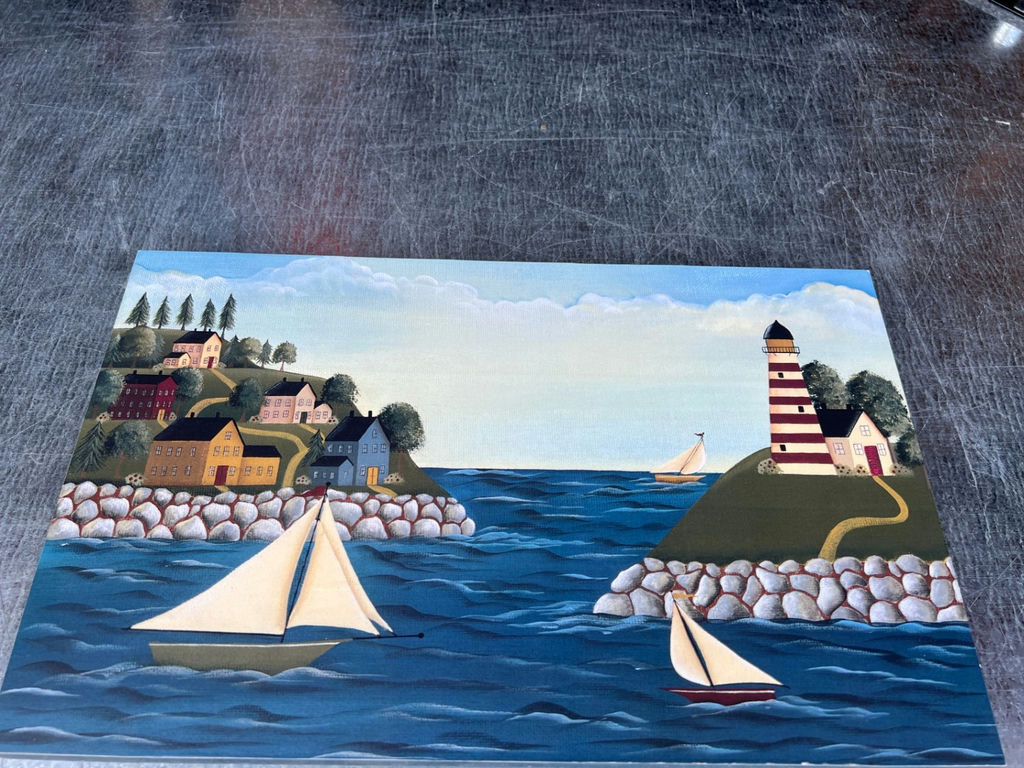 ARTIST SIGNED ON BACK - Coastal Village with Lighthouse and Sailboats 17" x 11" - image 1 of 5