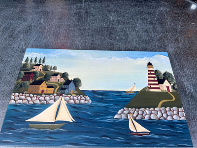 ARTIST SIGNED ON BACK - Coastal Village with Lighthouse and Sailboats 17" x 11" - Image 1 of 5