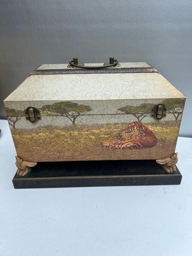 Tiger-themed decorative storage box with brass clasps and ornate feet - image 1 of 4