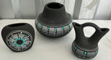 Black pottery trio with turquoise accents - Stove Pipe Pottery - thumbnail 1 of 6