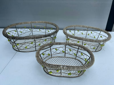 Set of three metal wire baskets with beaded trim - Image 1 of 5